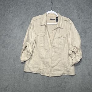 Liz Claiborne Women's XL Camp Shirt 100% Linen Khaki 3/4 Roll Tab Sleeve